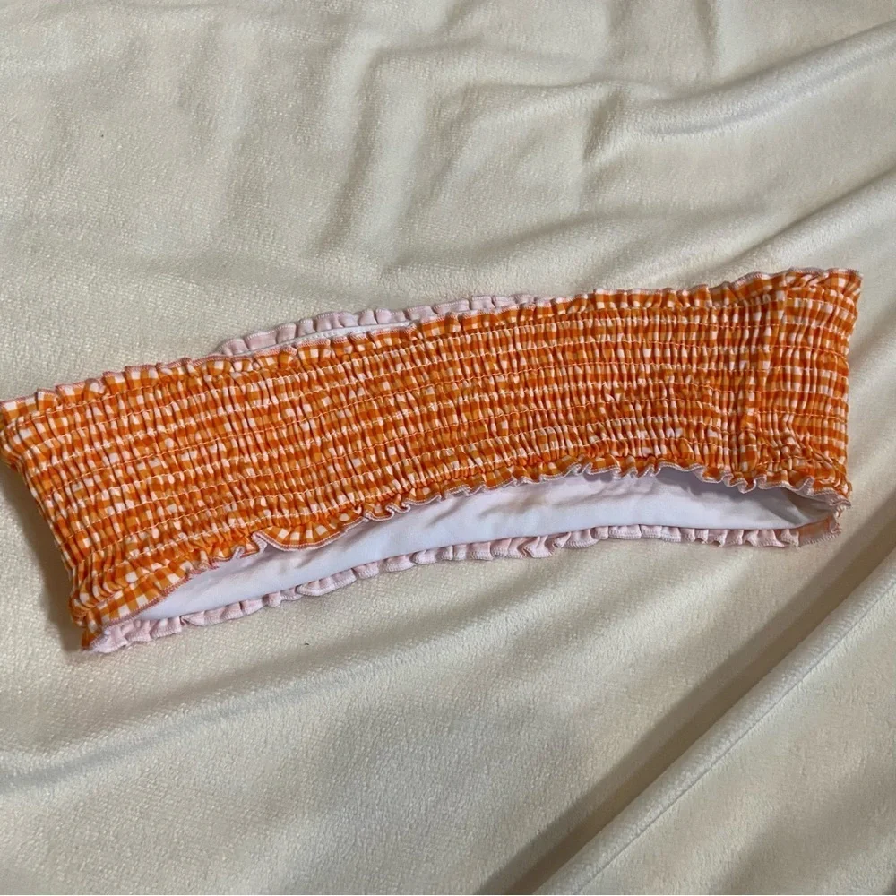 New! Frankie's Bikinis Iris Orange White Gingham Bandeau bikini Top 1579